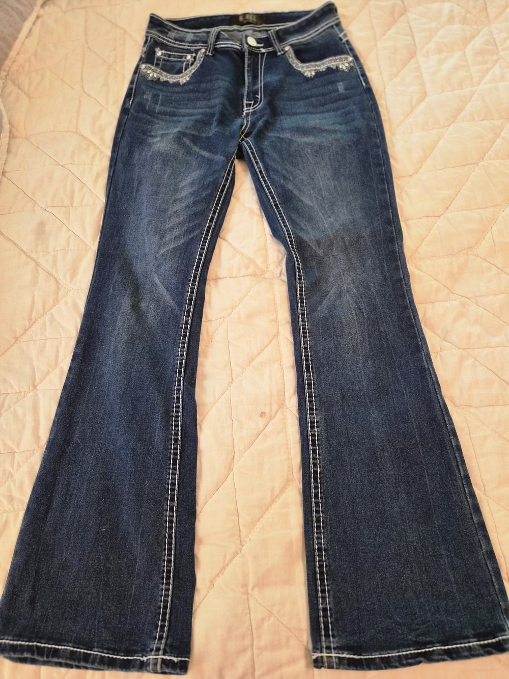 Rebel Jeans- Tall Bootcut- Rhinestone and Embroidered Accents - Size 7